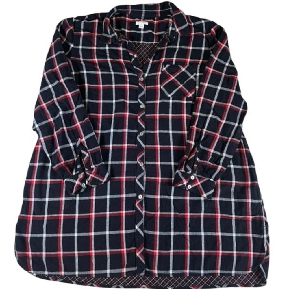 J. Jill Women's Black Red Plaid Cotton Long Sleeve Button Up Flannel Shirt XL‎